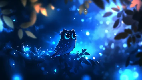 Gentle blue owl rests in a softly glowing moonlit forest