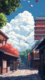 Pixel-art Japanese street under cumulus sky with layered depth