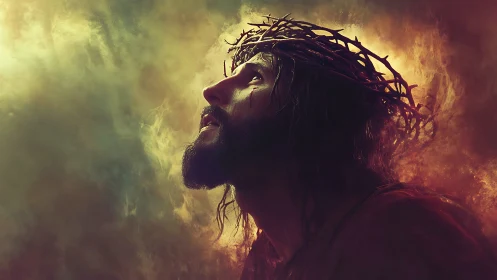 Crowned figure in dramatic backlight with ethereal smoke halo.