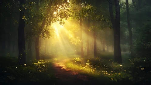 Sunlit forest path with magical morning light, digital art style.