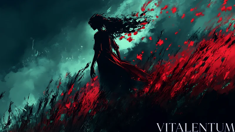 Silhouetted figure in turbulent red field under stormlit sky.