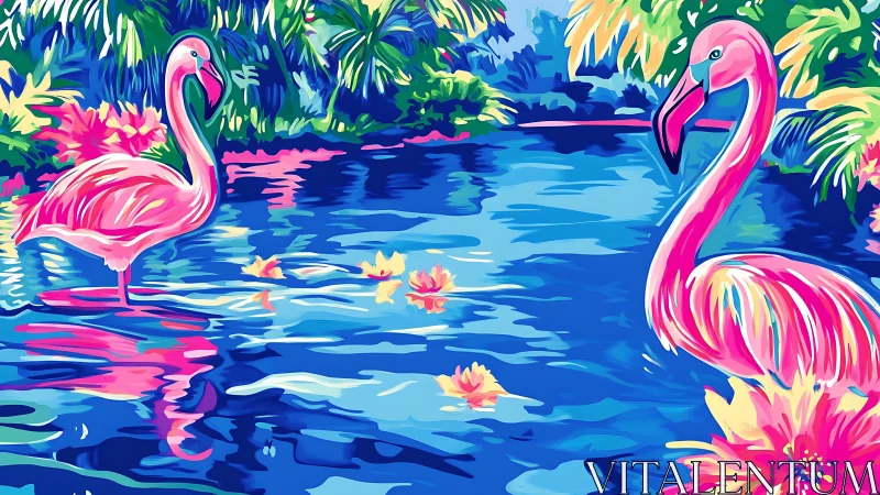 Chromatic flamingos in high-saturation tropical lagoon study.