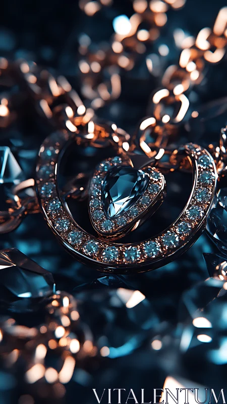 Closeup of jeweled heart pendant on gold chain in bokeh light.
