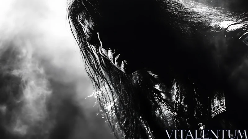 Shadow-soaked rocker emerges from swirling monochrome haze.