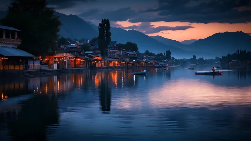 Mountain lake village at dusk with glowing shoreline lights.