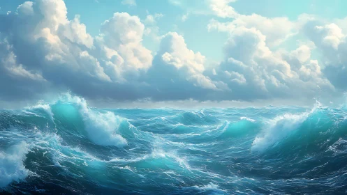 Dynamic seascape with volumetric clouds in digital painting style.
