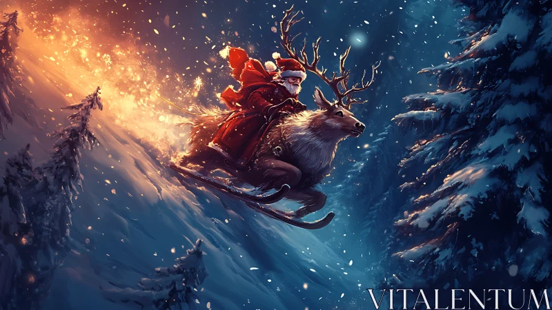 Dynamic Santa downhill ride on reindeer sled with fiery motion trail