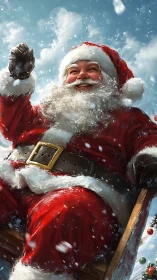 Joyful Santa rides a snowy sleigh under a bright winter sky