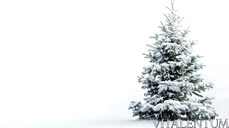 Snow covered evergreen tree on plain white winter background.
