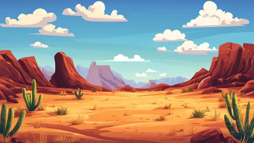 Colorful desert canyon valley with cacti under blue sky.