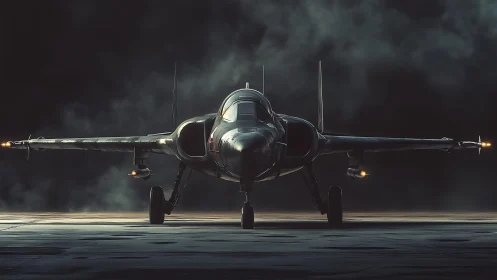 Stealth strike jet poised on runway under cinematic fog.