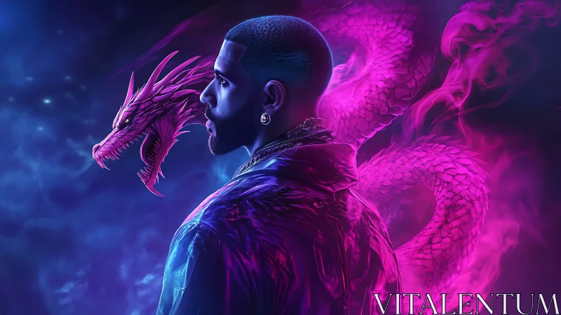 Neon-lit profile with coiled magenta dragon in cosmic fog