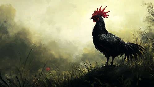 Black Rooster with Crimson Crest in Misty Meadow.