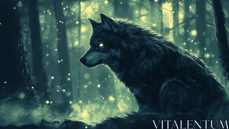 Moonlit forest wolf listens to the glowing hush of night