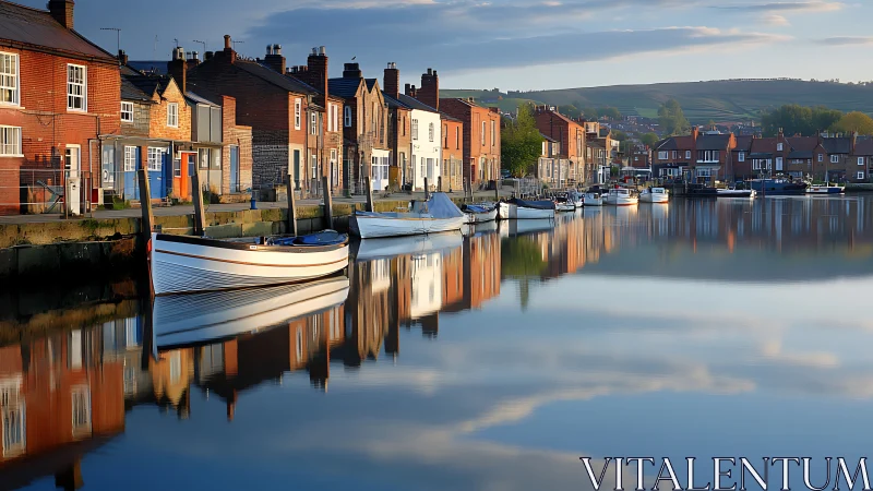 Harborfront village glows under soft golden evening light.