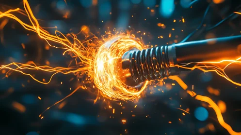 Bolt-born lightning swirl crowns a charging steel connector.