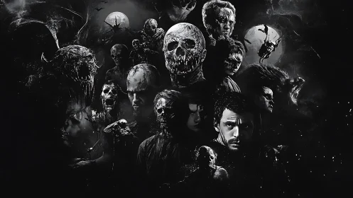Haunting horror faces gathered in a swirling nightscape.