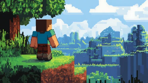 Pixelated explorer surveys voxel canyon under luminous sky