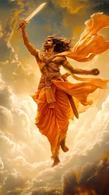 Dynamic warrior deity ascending through volumetric golden clouds