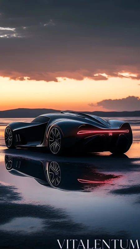 Midnight hypercar glides across mirrored sunset horizon.