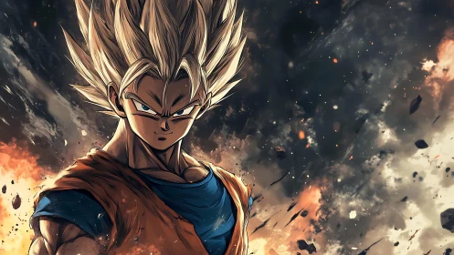 Super saiyan warrior ignites sky with explosive cosmic fury.