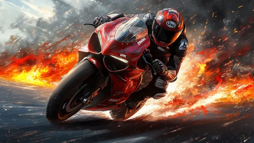 Blazing red superbike rockets through fire and racing sparks