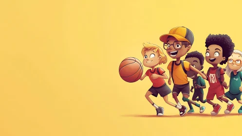 Stylized cartoon children running with basketball on flat yellow ground