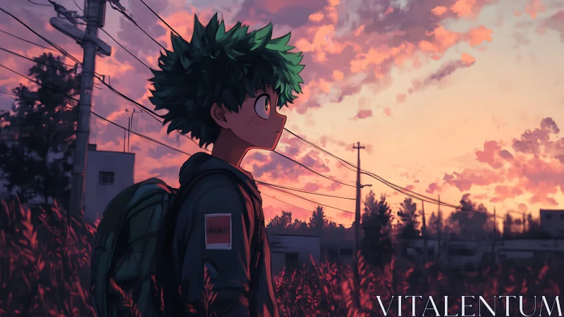 Anime youth observing power lines under saturated sunset sky