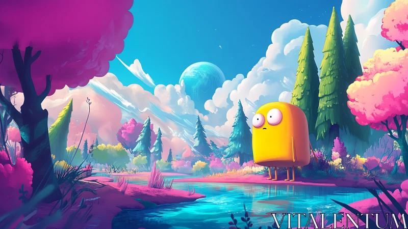 Yellow wanderer pauses by candy clouds in alien spring