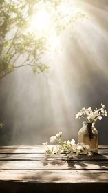Photographic still life with blossoms on rustic wooden table.