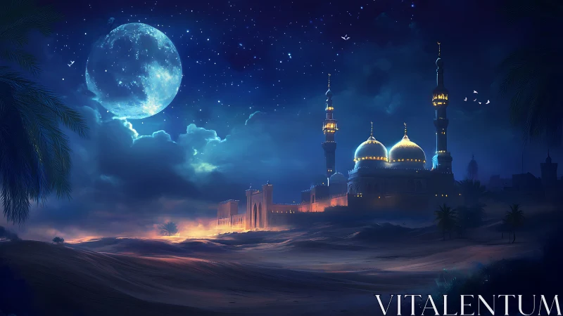 Moonlit desert mosque glows under a luminous starry sky.