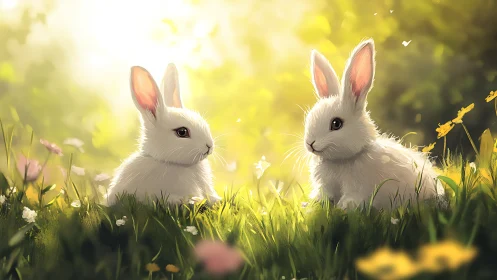 White rabbits in sunlit meadow with soft green grass.