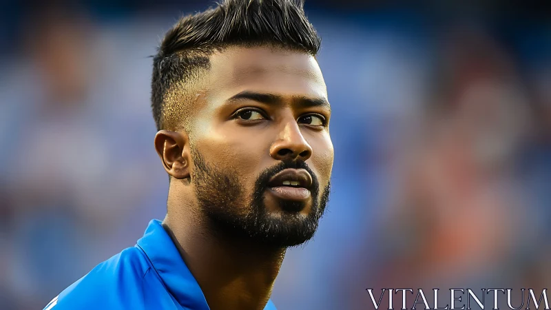 Close-up portrait of male athlete in blue sports jersey.
