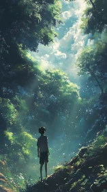 Sunlit forest welcomes a curious child into quiet wonder