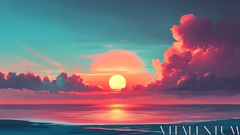 Cotton candy clouds orbiting a neon kissed horizon sun.