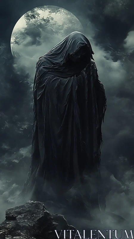 Shrouded wraith towers under moonlit storm clouds.