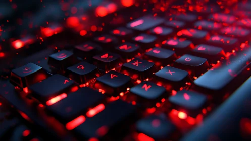 Backlit gaming keyboard glowing with intense red light.