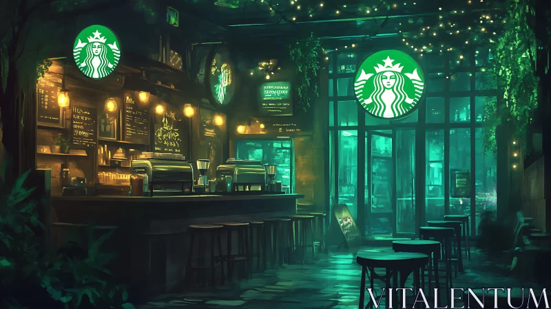 Nocturnal urban café interior with biophilic lighting design.