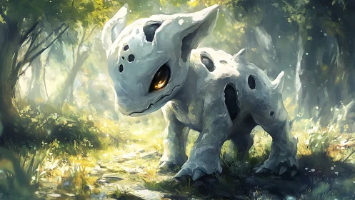 Stone armored creature walks through bright forest path