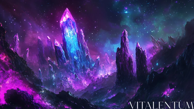 Luminescent alien crystal spires under saturated nebular sky