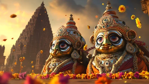 Digital painting of ornate temple deities in festive garlands.
