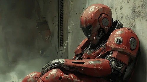 Red armored sci fi soldier sits slumped against wall