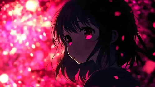 Softly glowing anime girl gazes through drifting pink lights