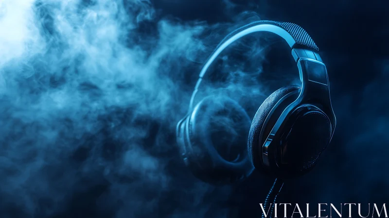 Gaming headphones glowing in blue smoke on dark background.