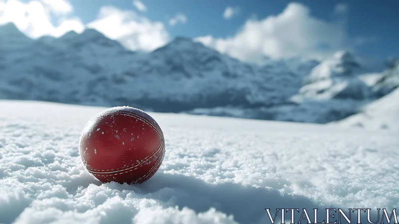 Red cricket ball rests on fresh snow before blurred peaks