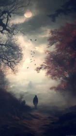 Solitary figure walking through misty moonlit forest path.