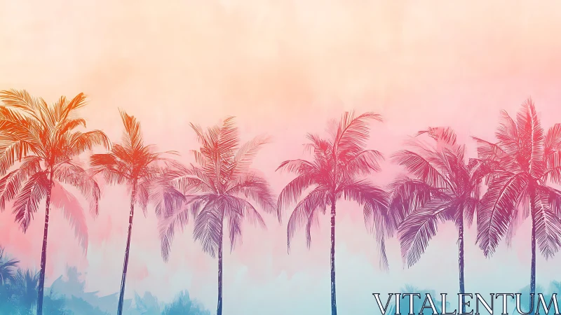 Gradient-tinted palm tree silhouette row against pastel sky