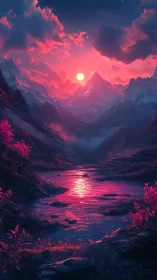 Neon sunset bathes a serene fantasy mountain valley in light