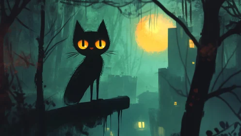 Moonlit black cat watches misty forest city skyline.
