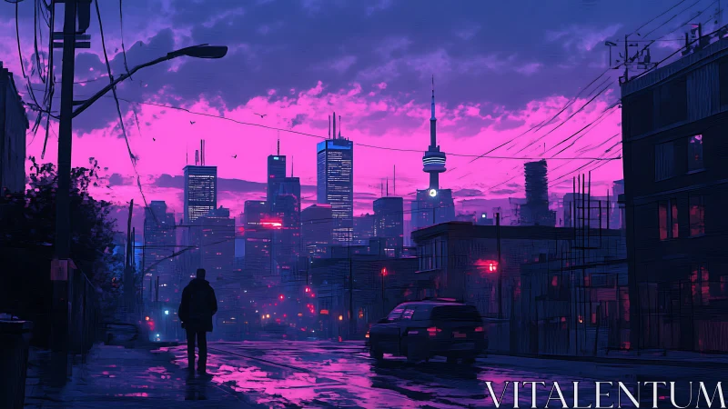Silhouette walks toward neon city skyline at saturated dusk